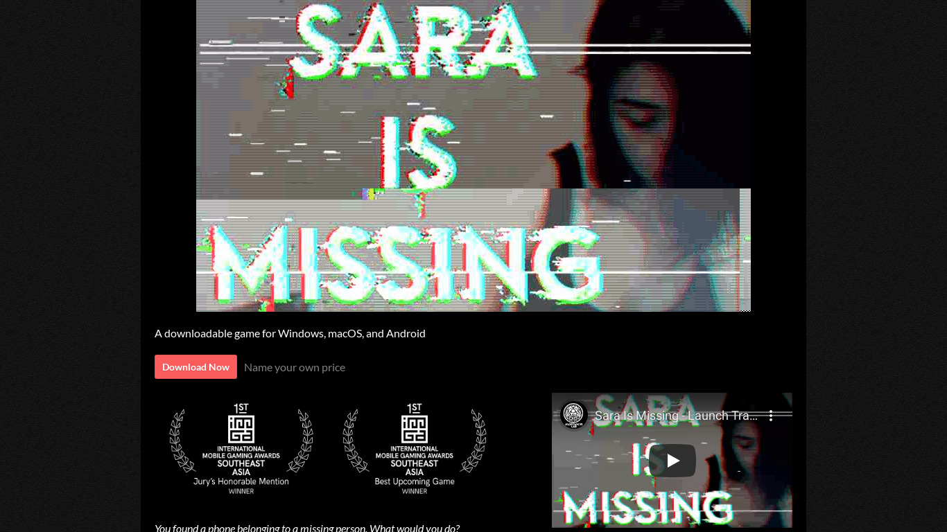 Sara Is Missing Landing page