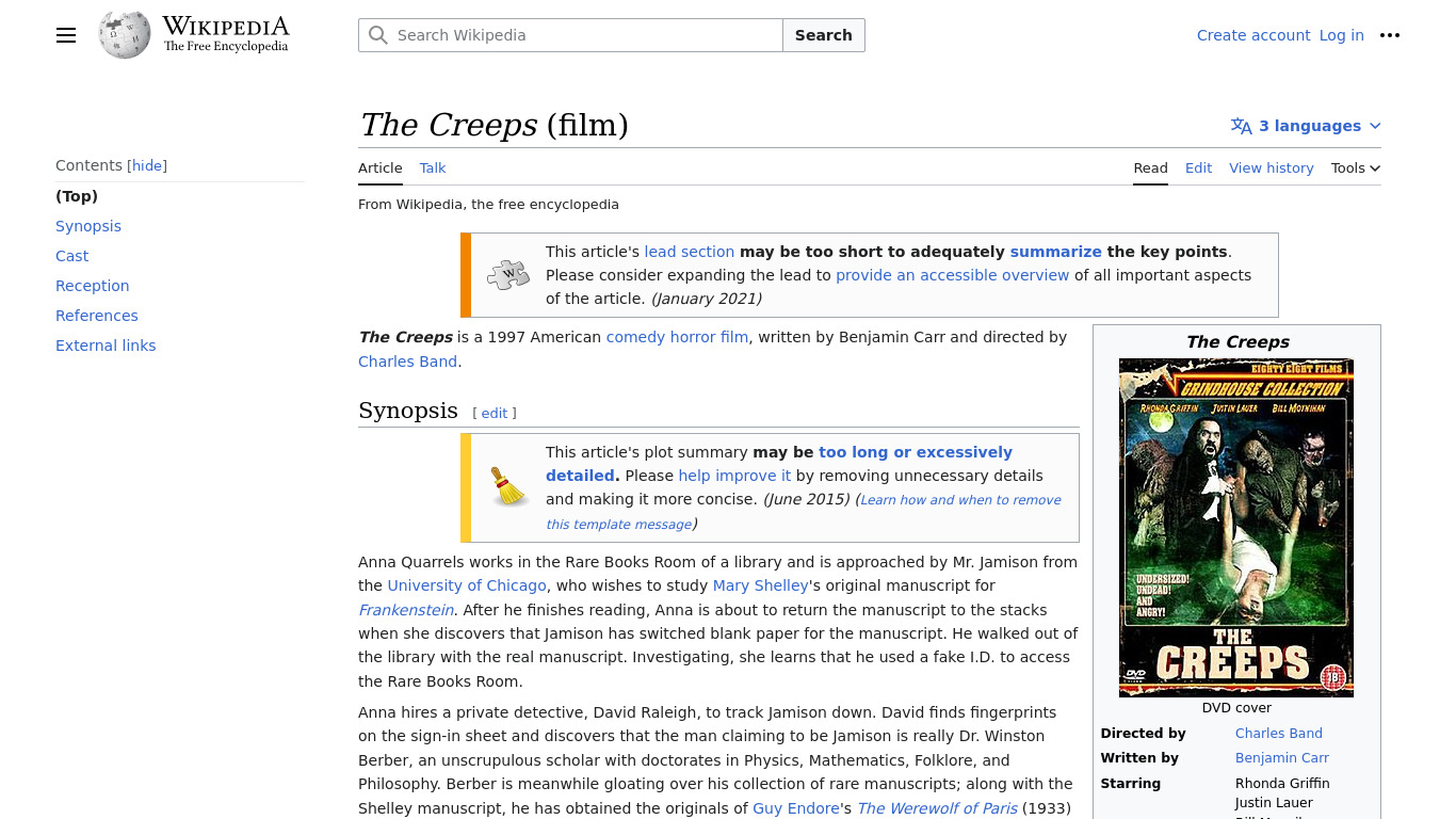 The Creeps Landing page