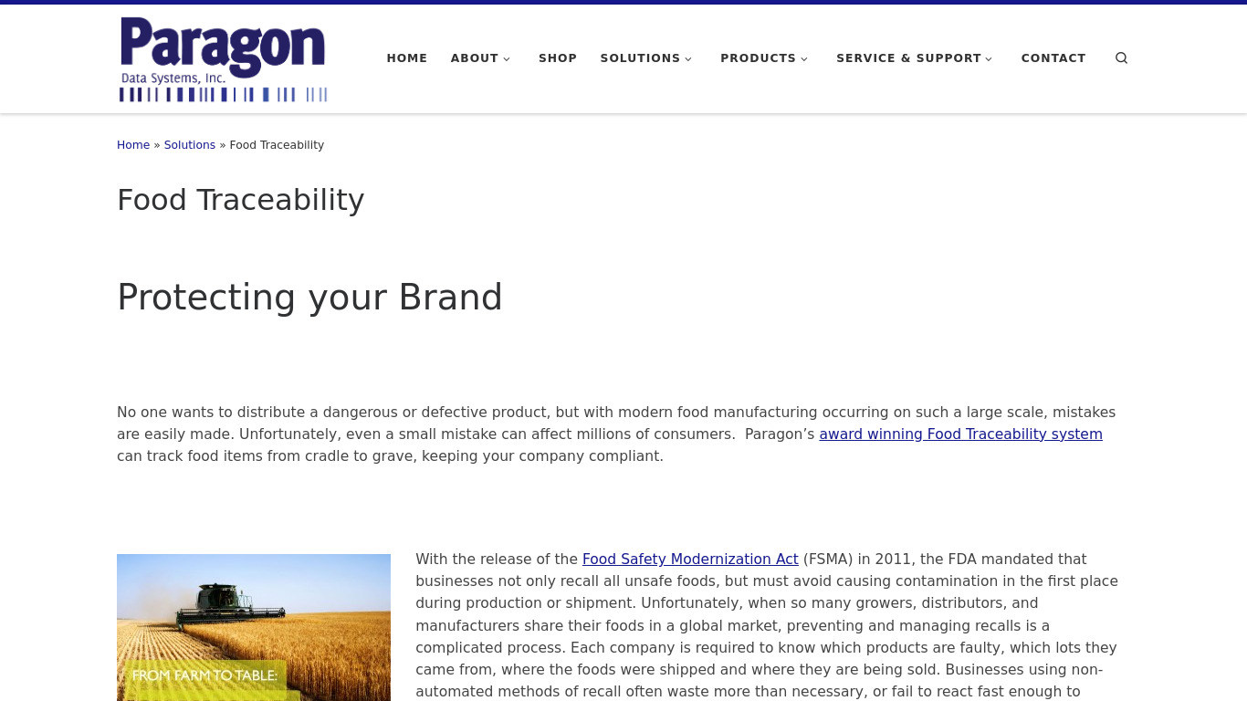 Paragon Food Traceability Landing page