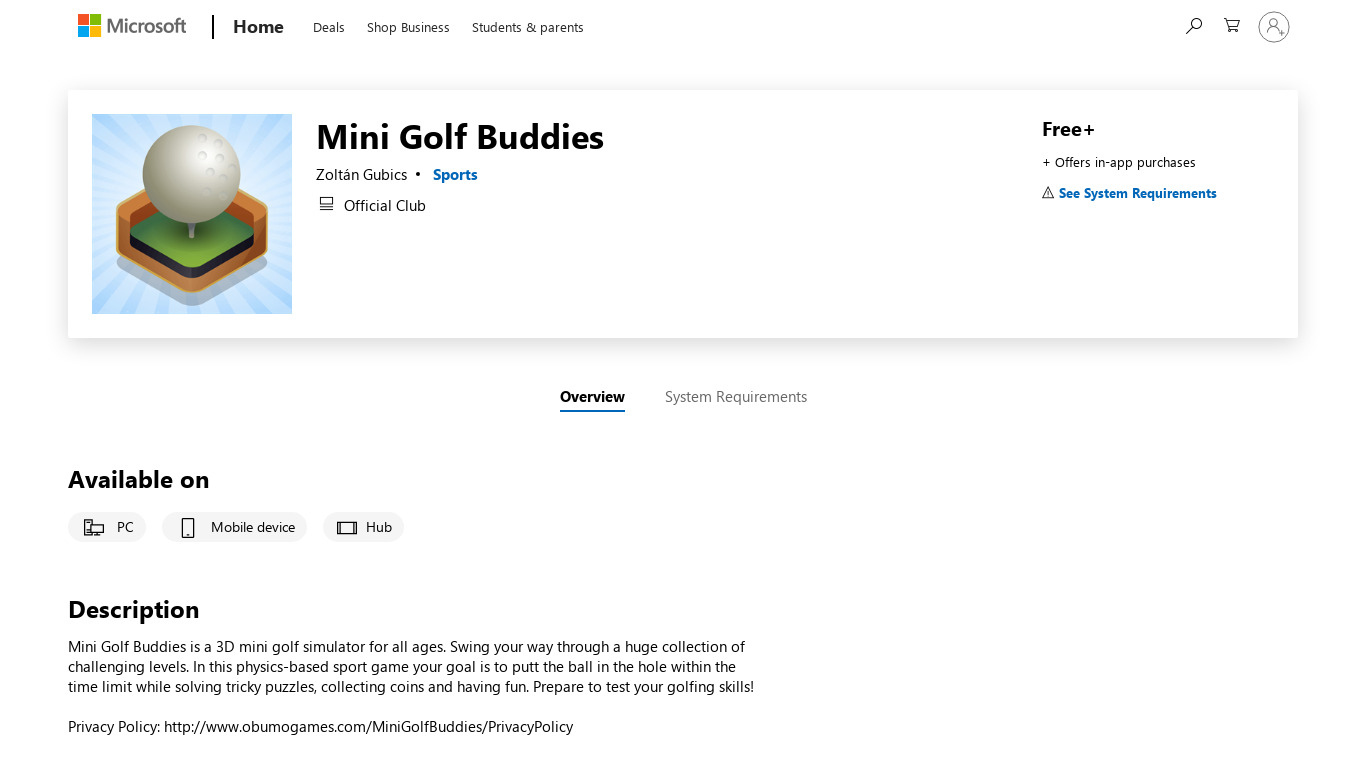 Mini Golf Buddies Landing page