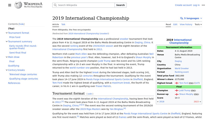 International Snooker Landing Page