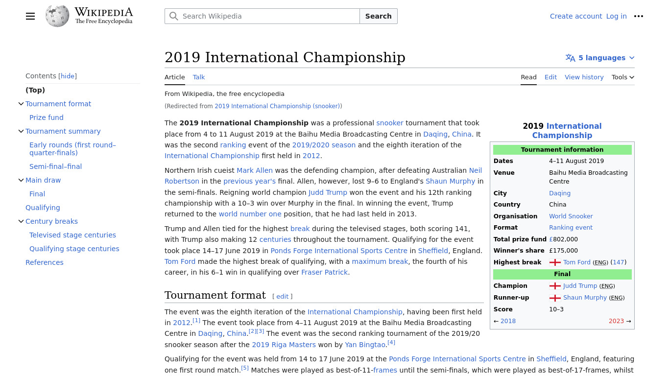 International Snooker Landing page