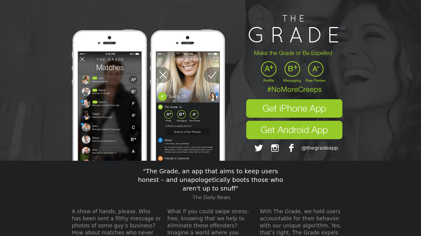 The Grade Dating App Landing page