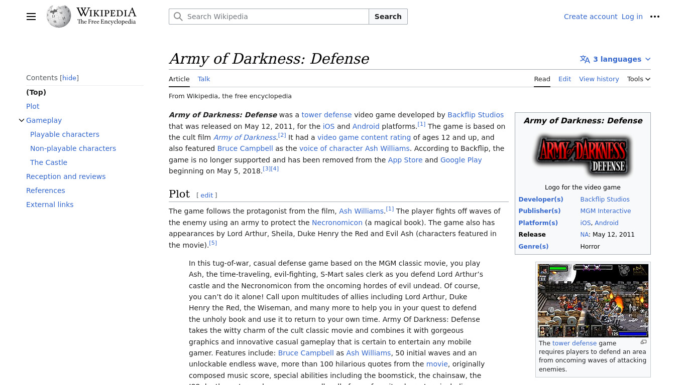 Army of Darkness: Defense Landing page