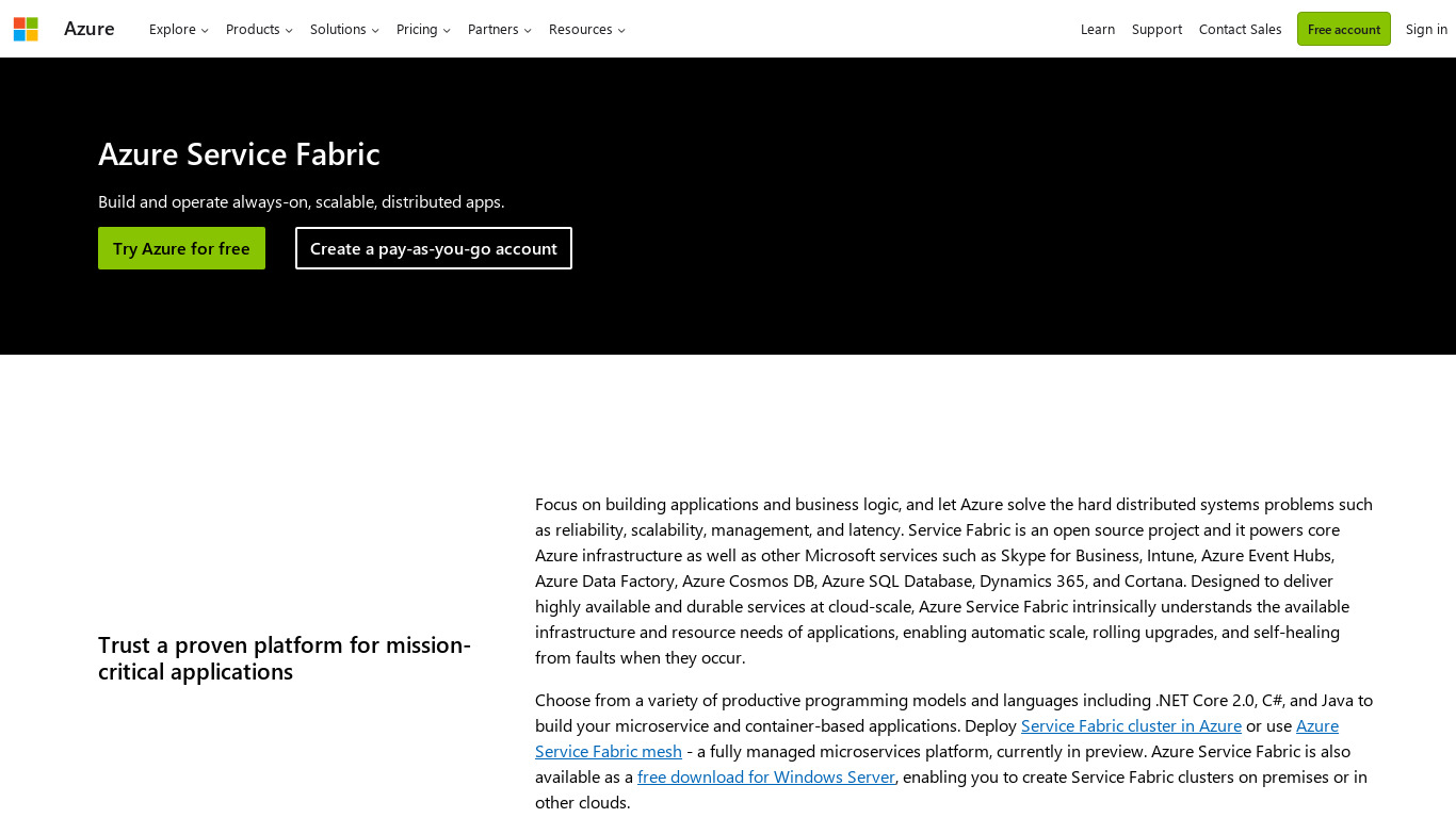 Azure Service Fabric Landing page