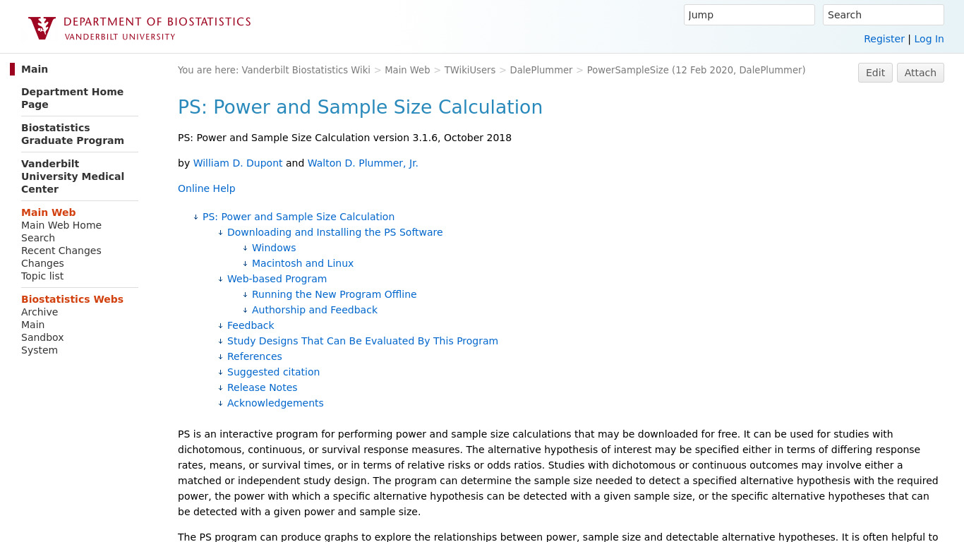 PS Power and Sample Size Landing page