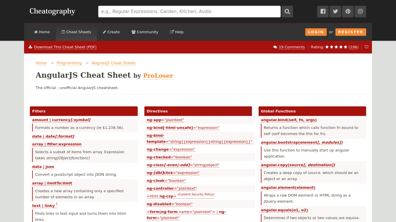 AngularJS Cheat Sheet Landing page