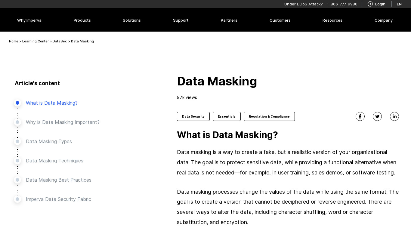 Imperva Data Masking Landing page