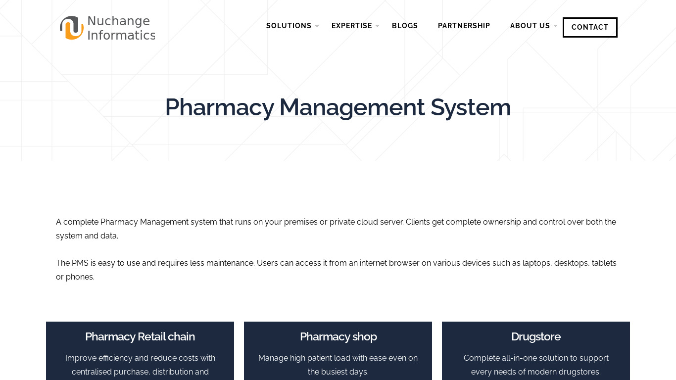 Nuchange Pharmacy Management Solution Landing page