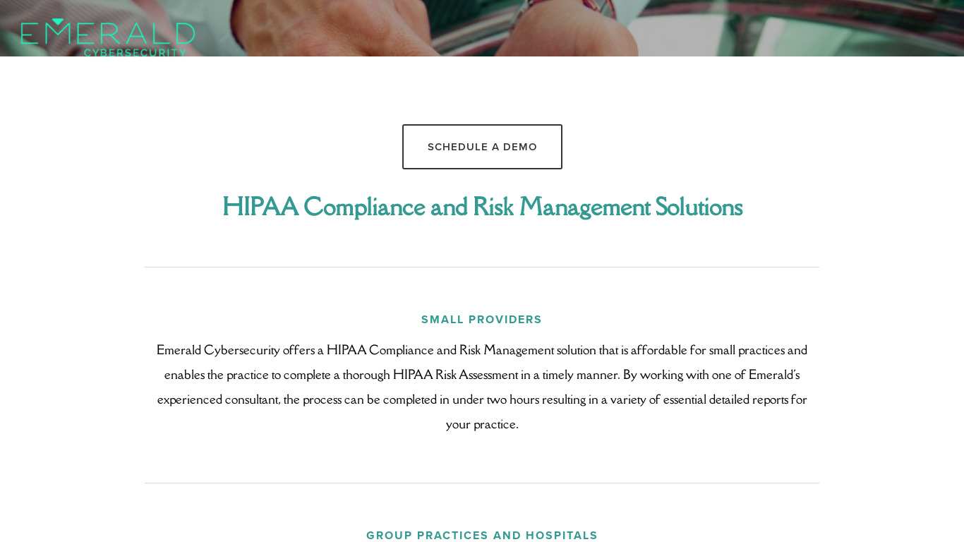 Emerald Cybersecurity HIPAA Solution Landing page