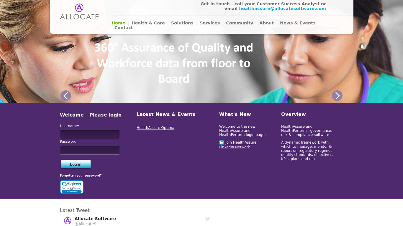 Allocate HealthAssure Landing page