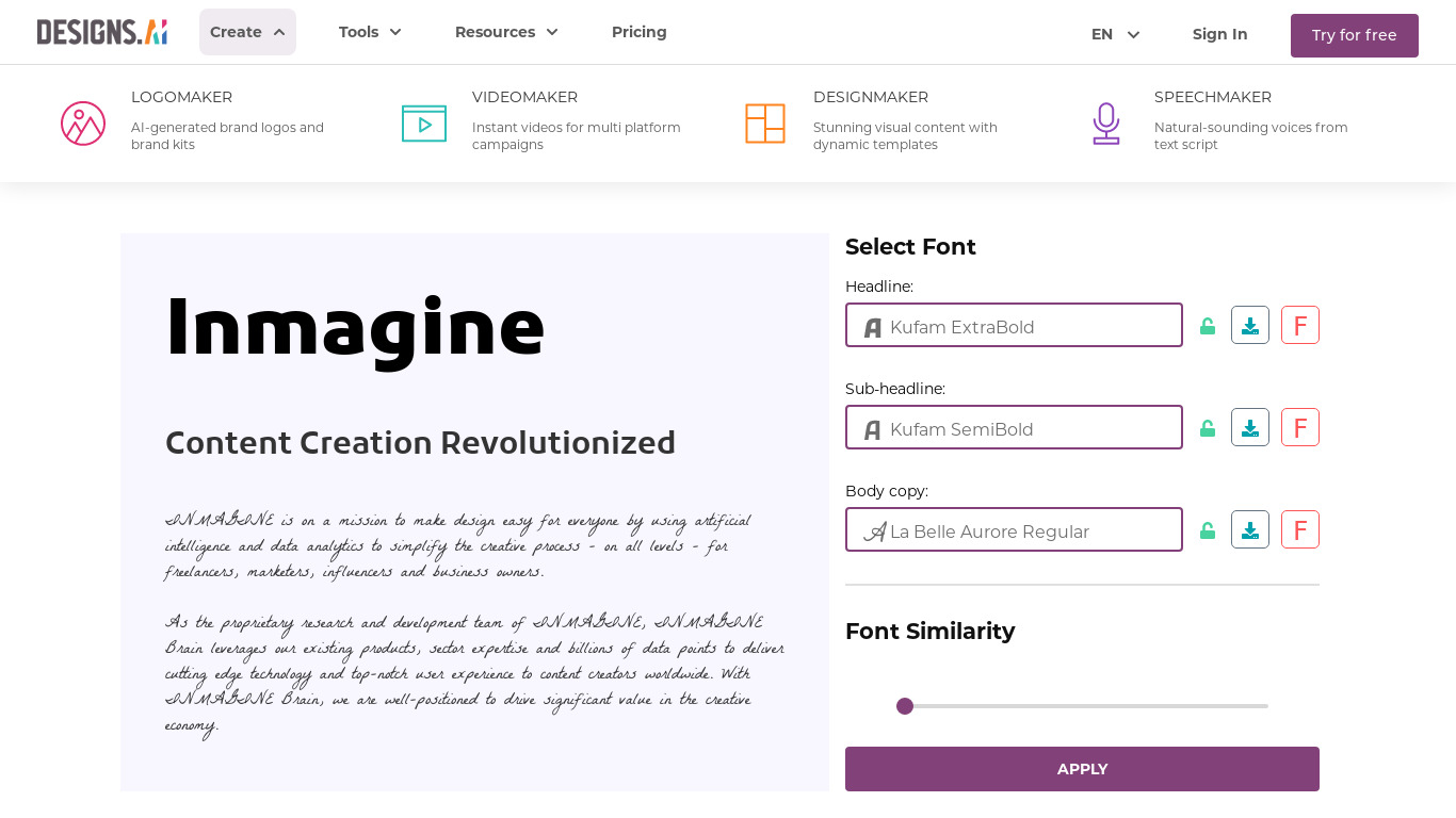 Font Pairer by Designs.ai Landing page