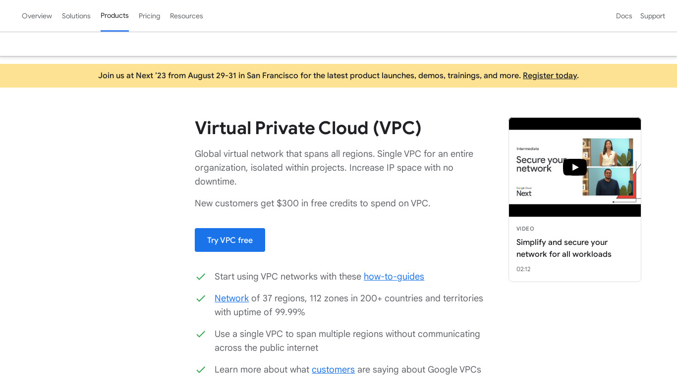 Google Virtual Private Cloud (VPC) Landing page