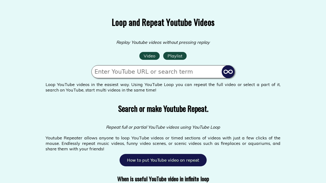 YouXube - Repeat Youtube Videos Landing page