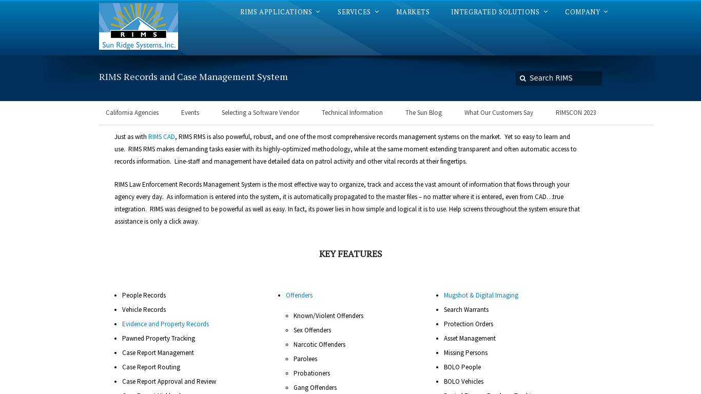 RIMS Records Management System Landing page