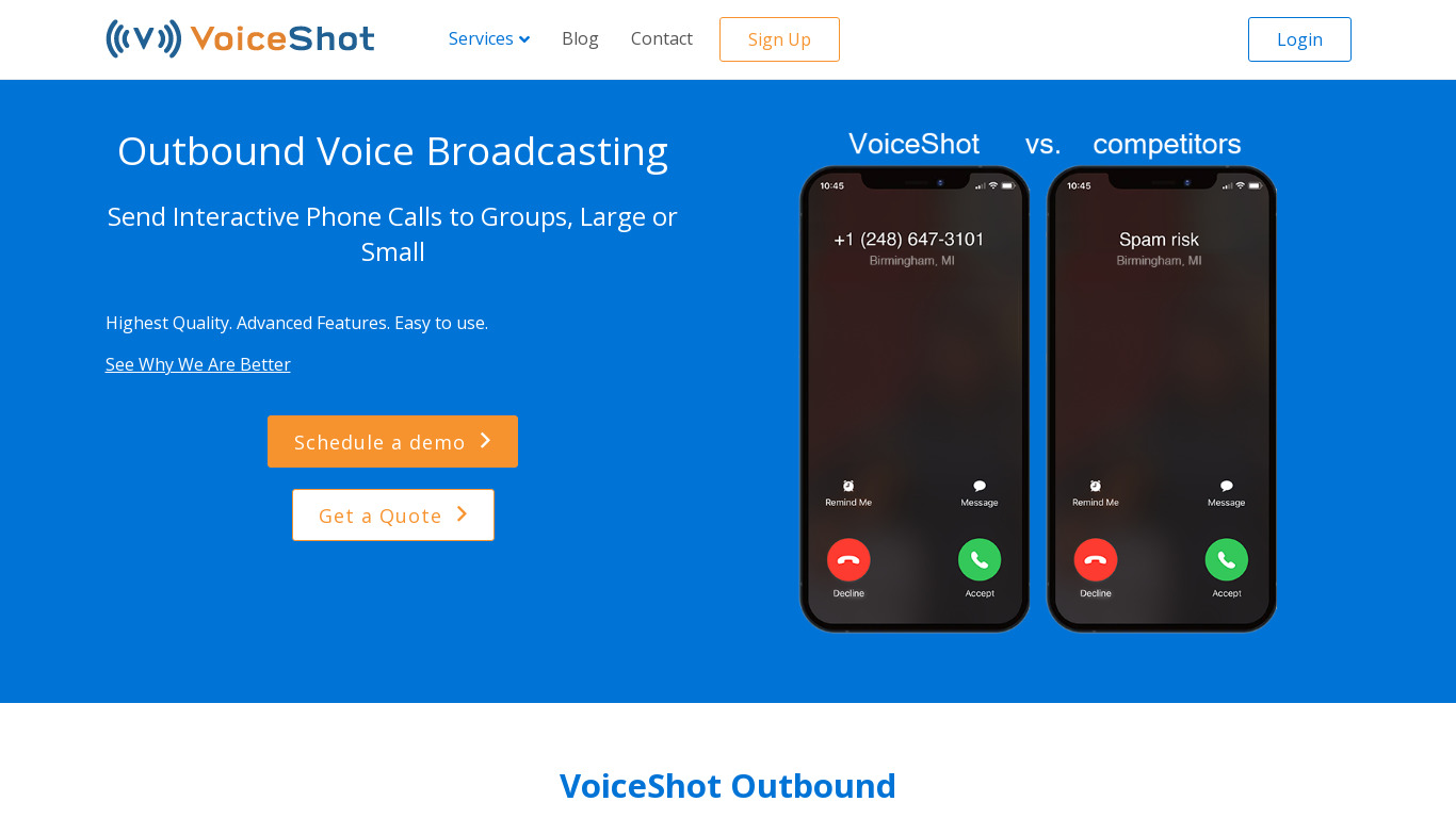 VoiceShot Outbound Voice Broadcasting Landing page