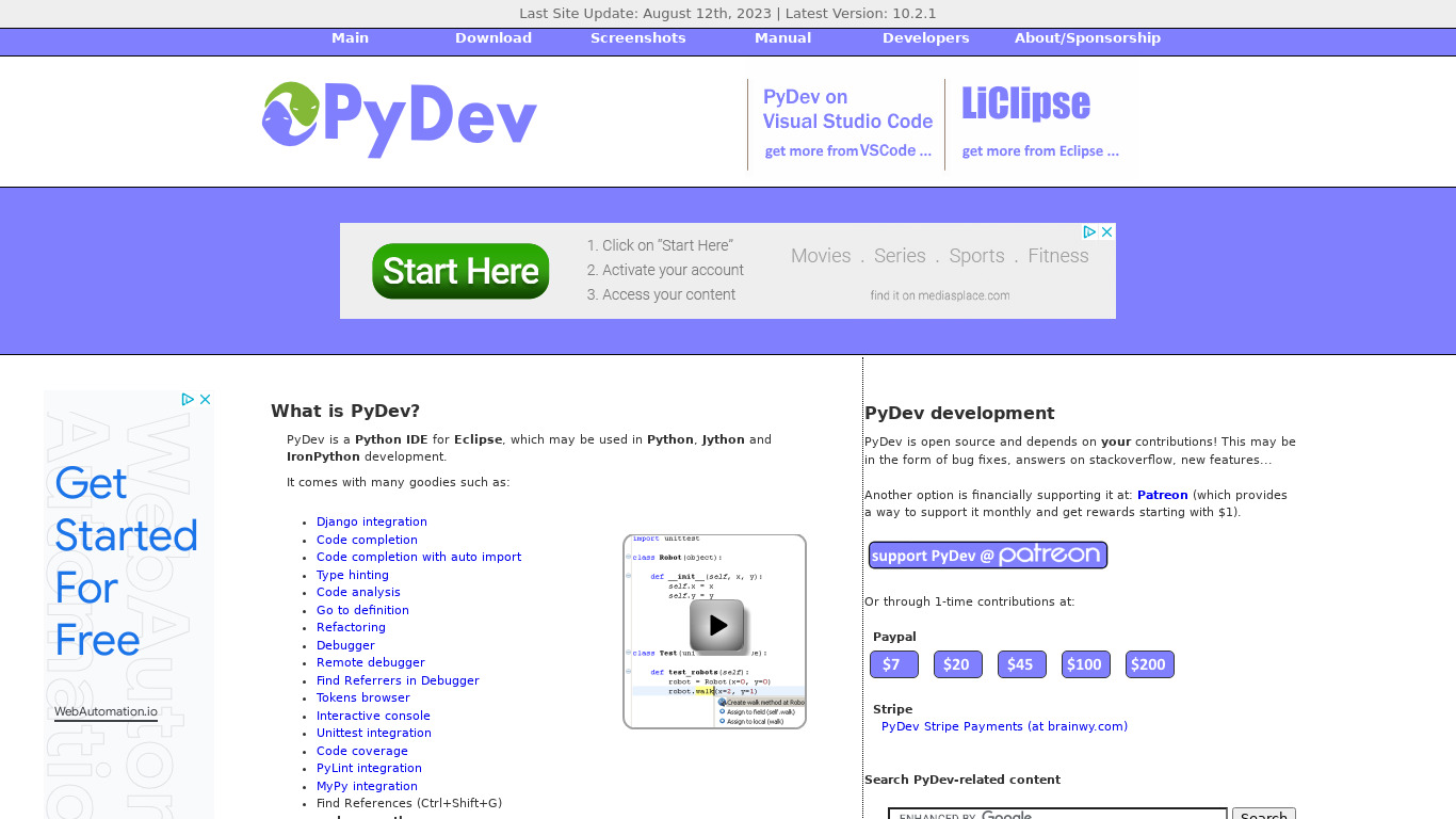 Eclipse with PyDev Landing page