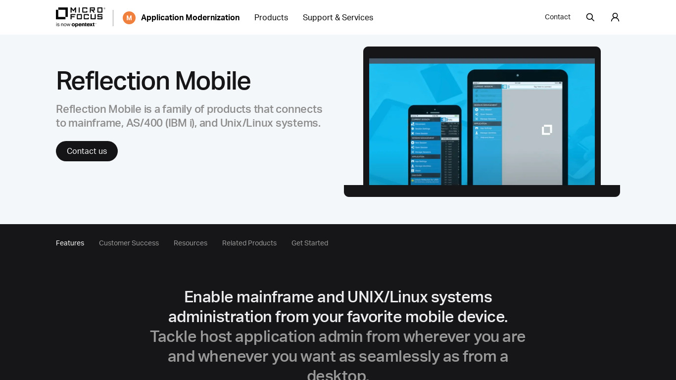 Micro Focus Reflection Mobile Landing page