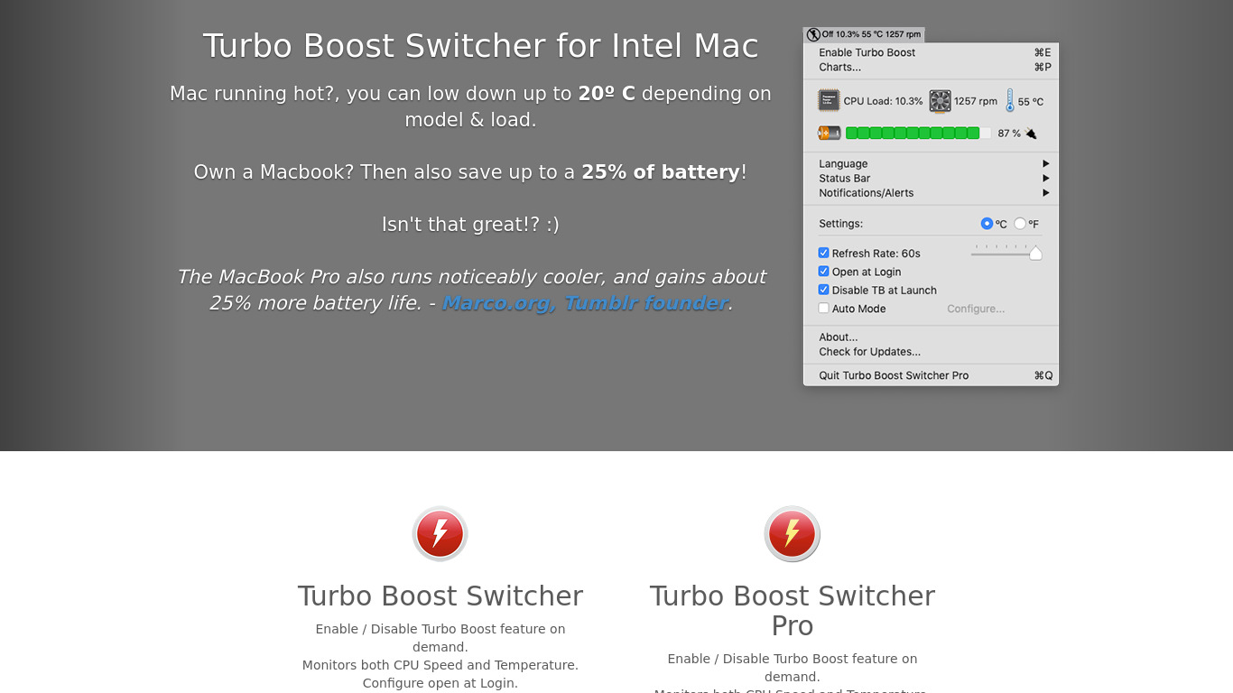 Turbo Boost Switcher Landing page