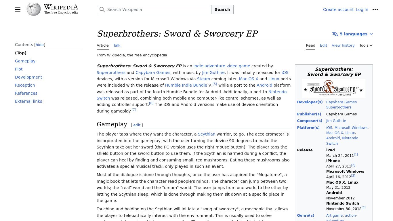 Superbrothers: Sword and Sworcery EP Landing page