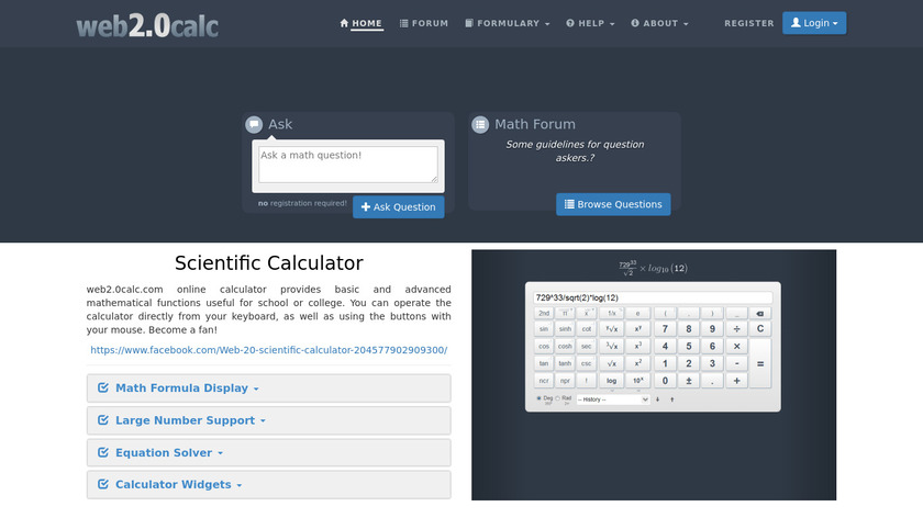 web2.0calc Landing Page