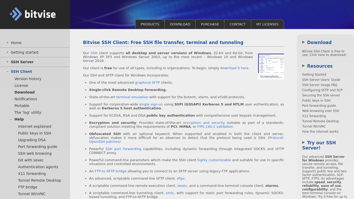 Bitvise SSH Client Landing page