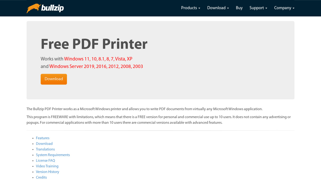Bullzip PDF Printer Landing page