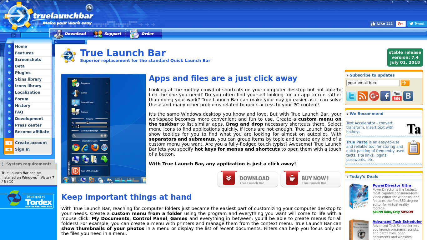 True Launch Bar Landing page