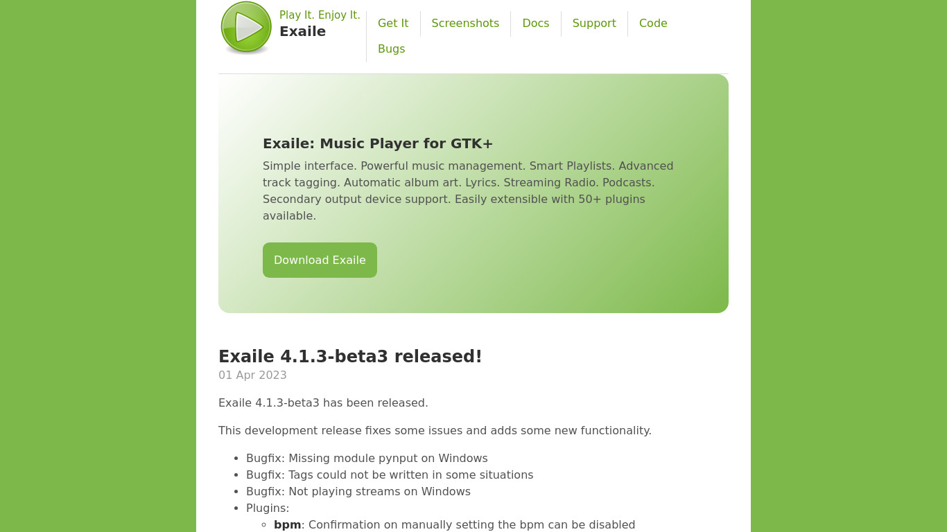 Exaile Landing page