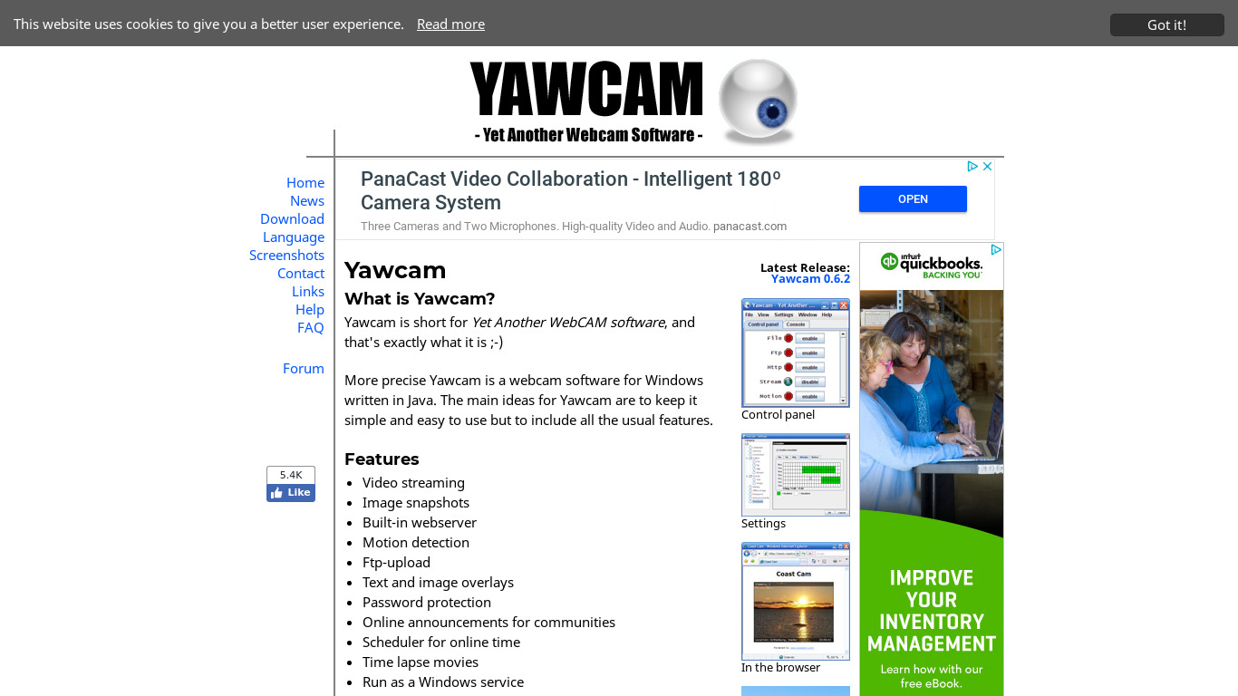 Yawcam Landing page
