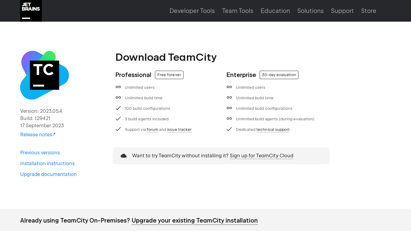 JetBrains TeamCity Landing page
