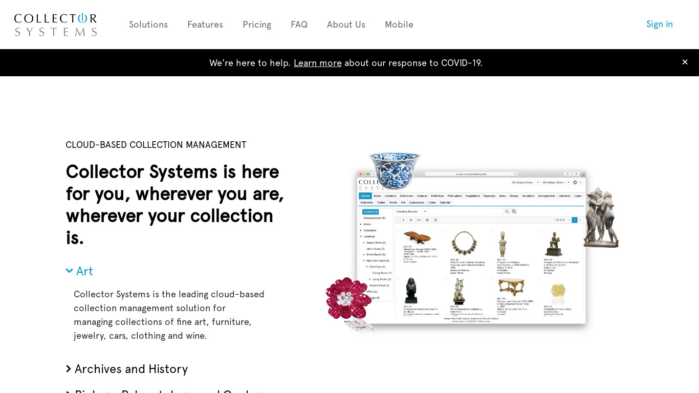 Collector Systems Landing page