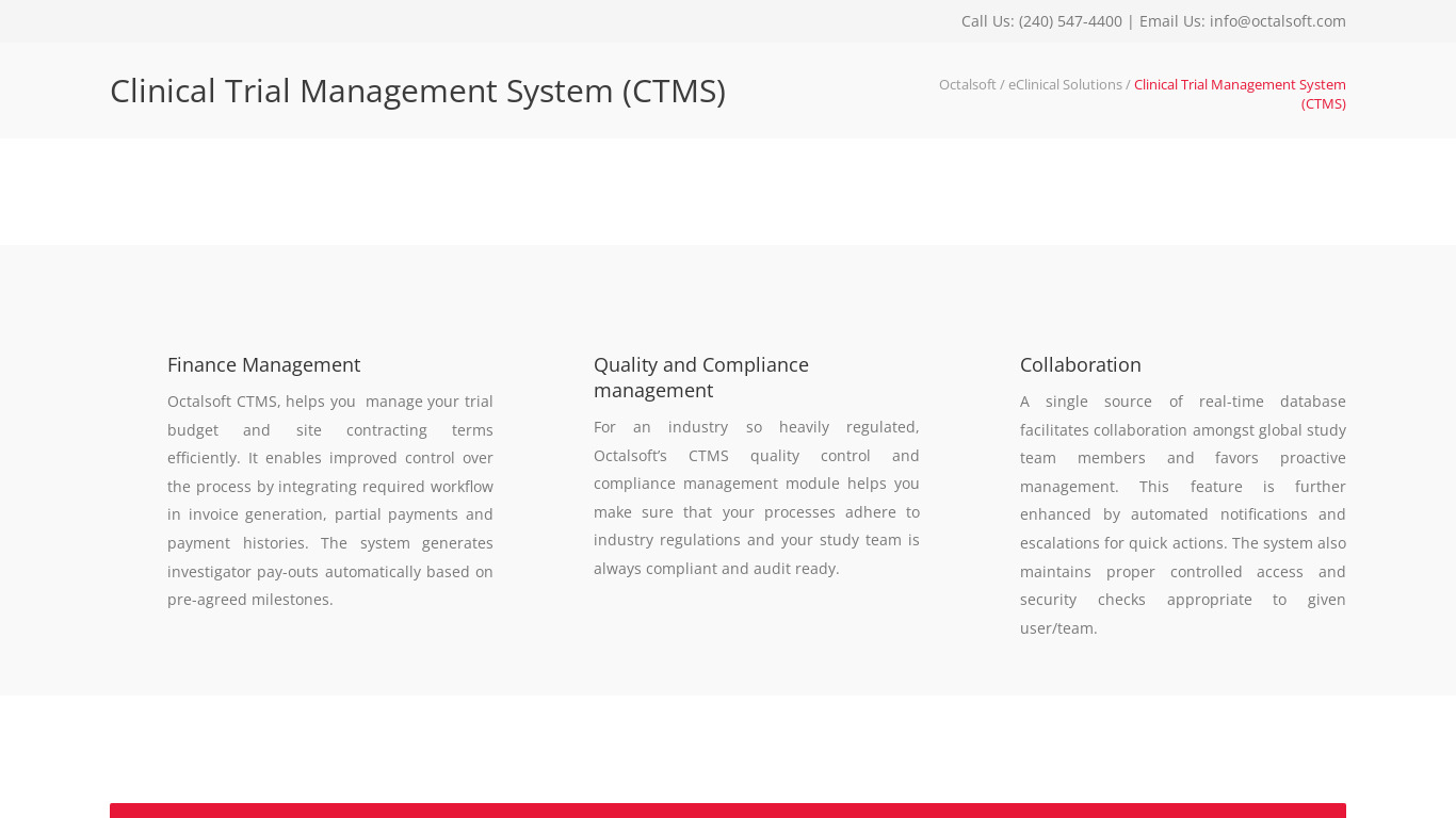 Octalsoft CTMS Landing page
