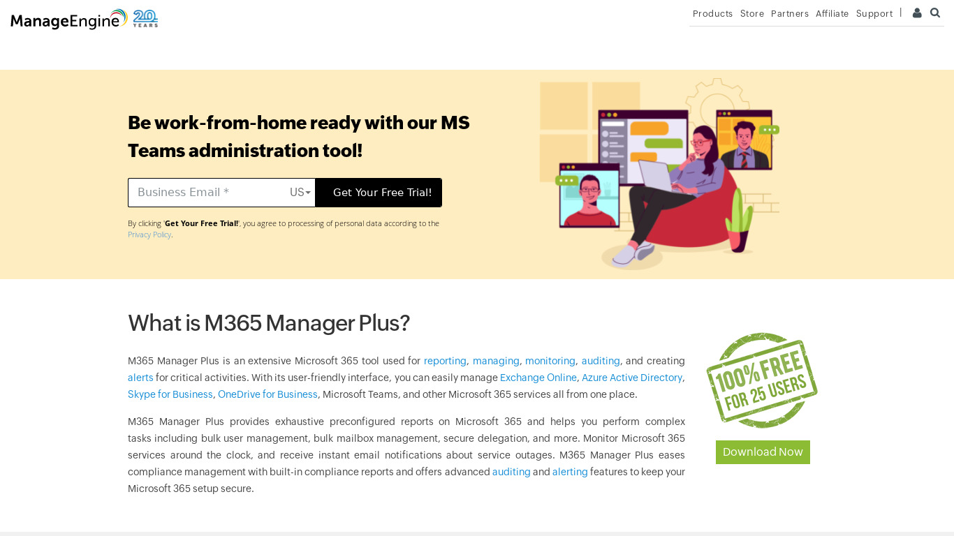 ManageEngine M365 Manager Plus Landing page