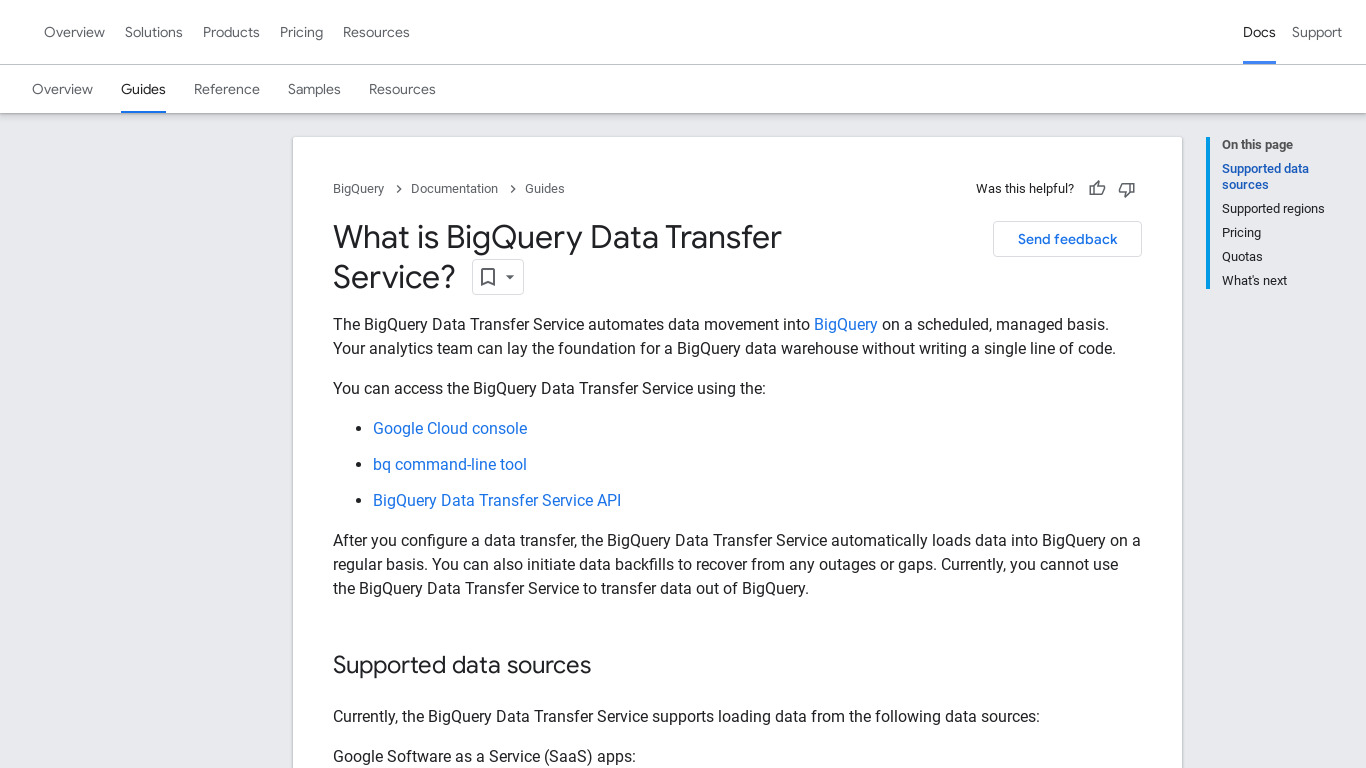Google BigQuery Data Transfer Service Landing page