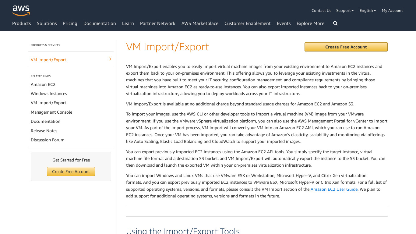 AWS Import/Export Landing page