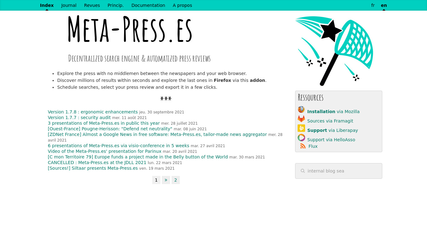 Meta-Press.es Landing page