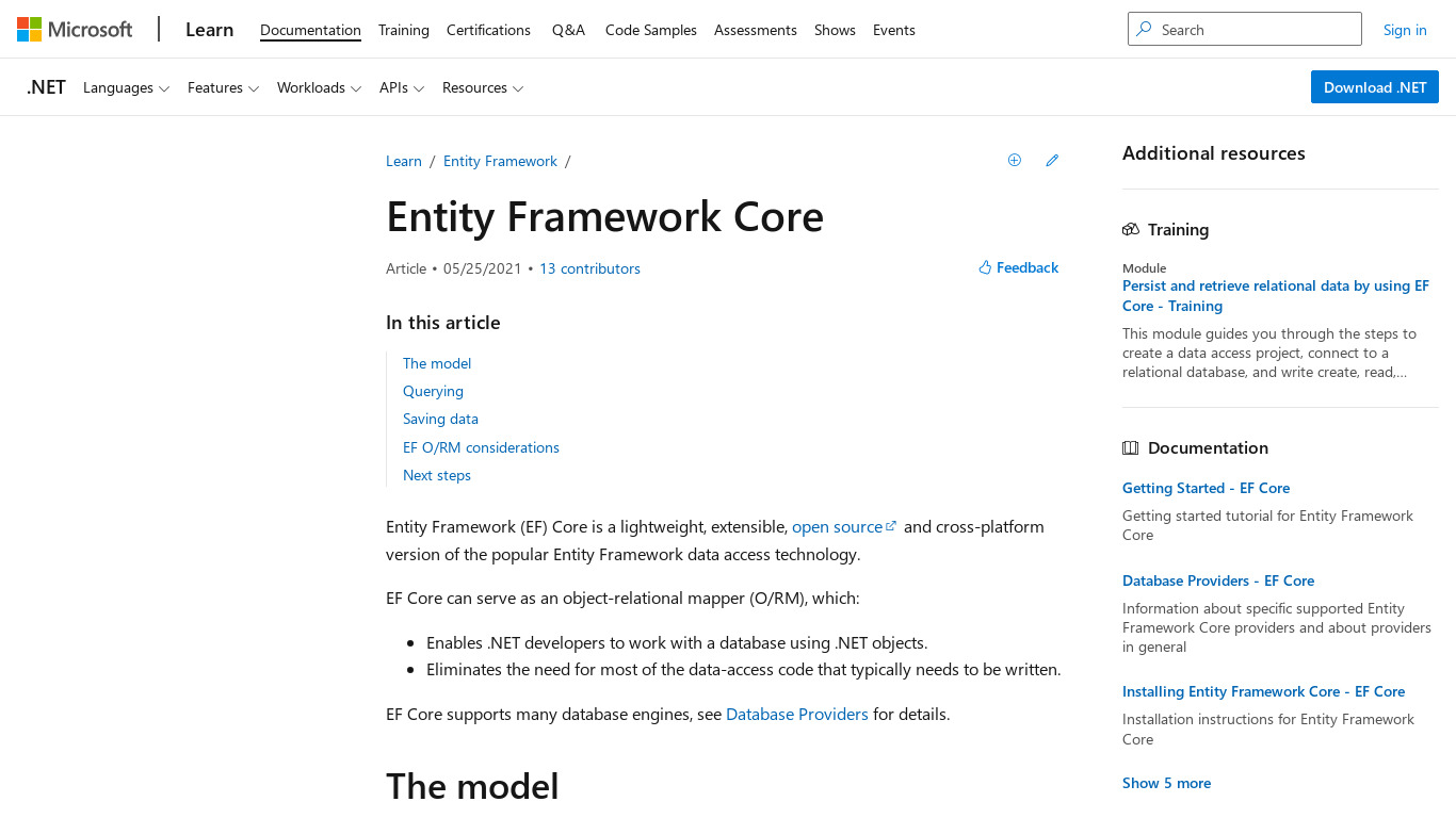 Entity Framework Core Landing page