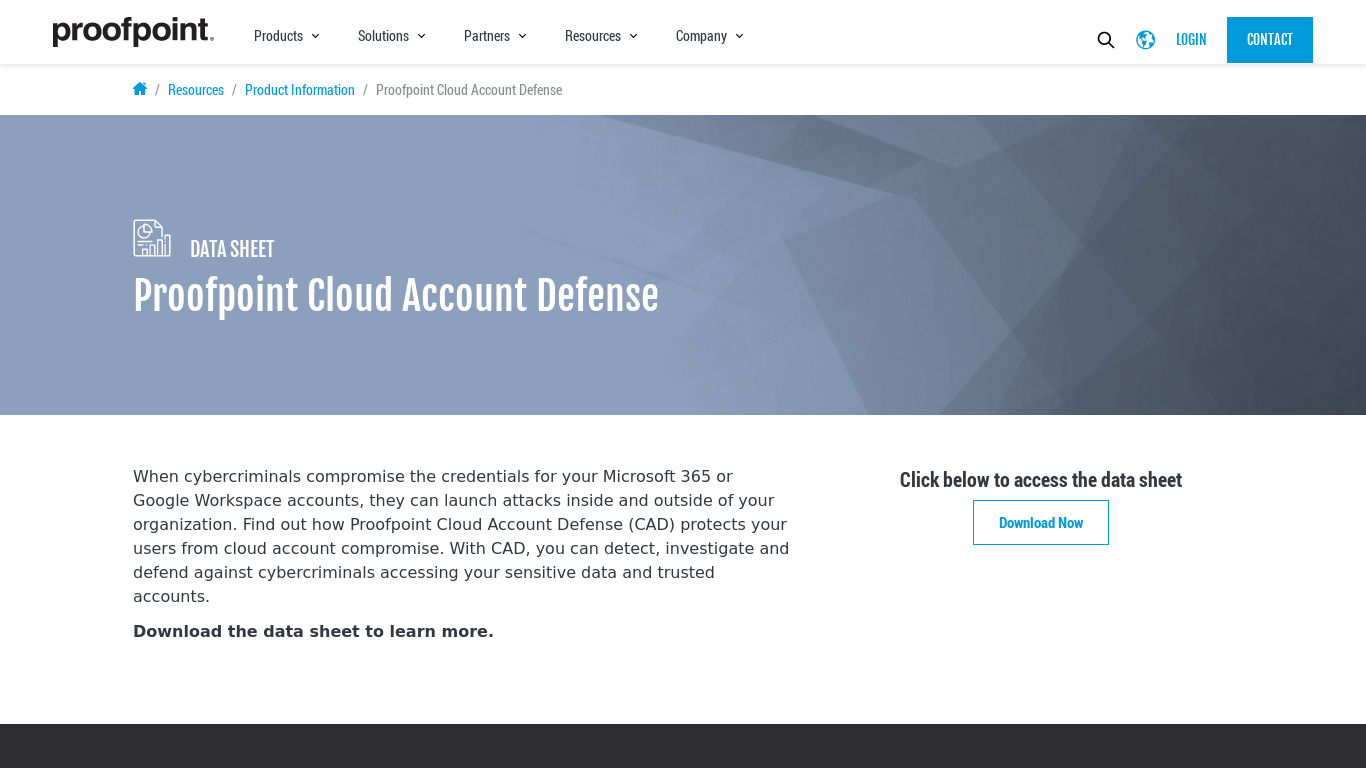 Proofpoint Cloud Account Defense Landing page