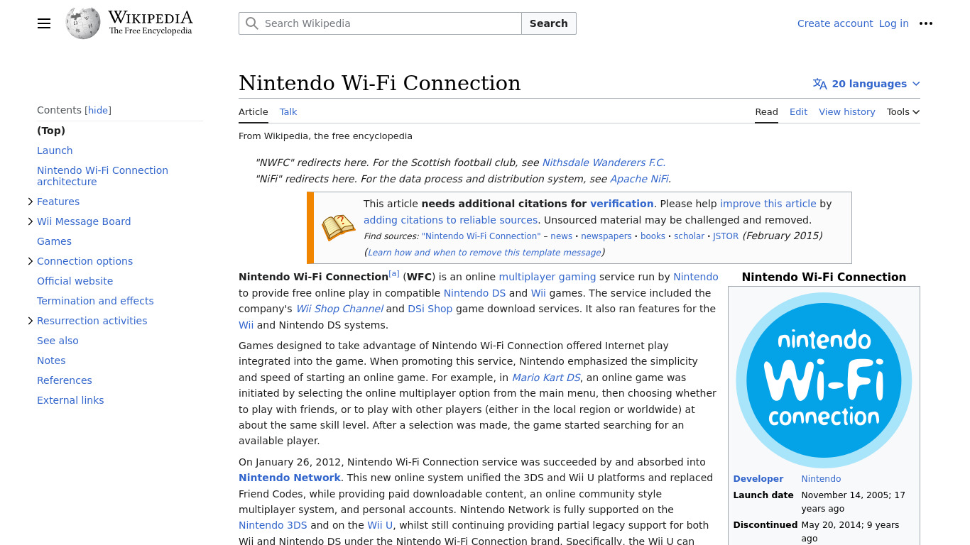 Nintendo Wi-Fi Connection Landing page