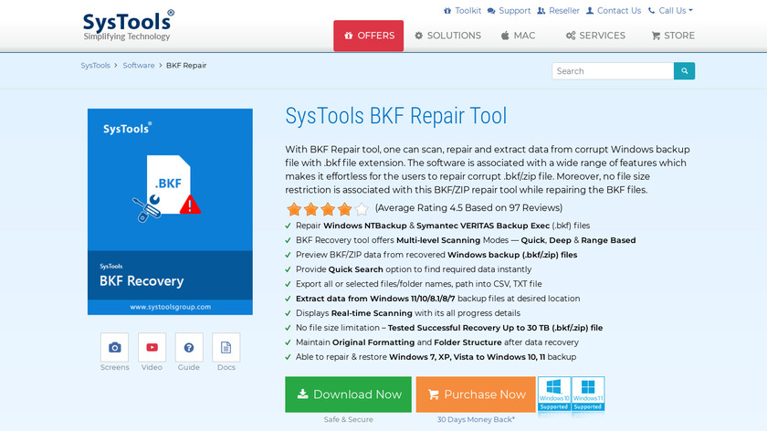 SysTools BKF Recovery Tool Landing Page