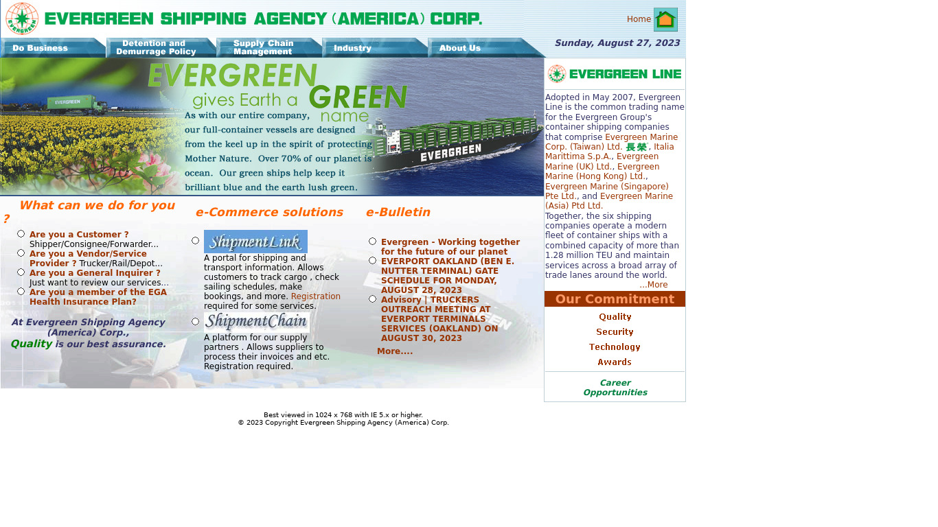 Evergreen Shipping US Landing page