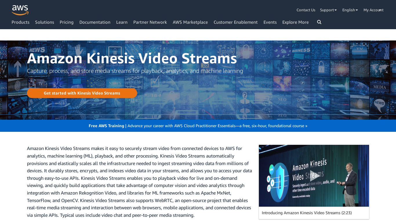 Amazon Kinesis Video Streams Landing page