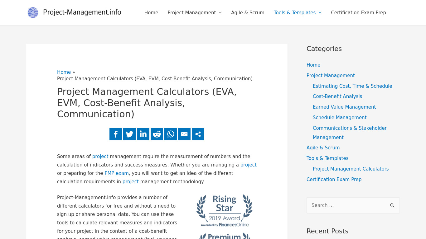 Online Project Management Calculators Landing page
