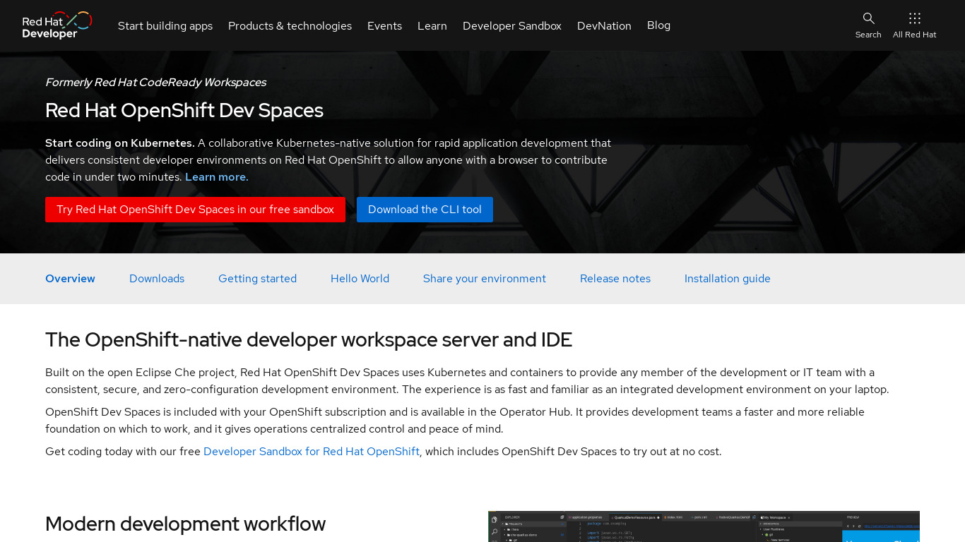 Red Hat Codeready Workspaces Landing page