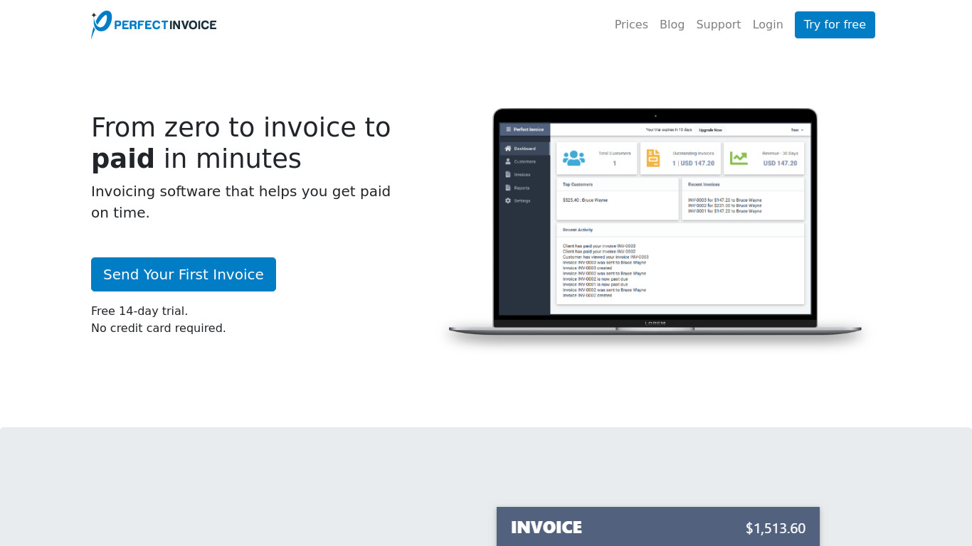 Perfect Invoice Landing page