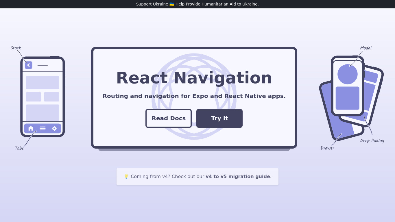 React Navigation Landing page