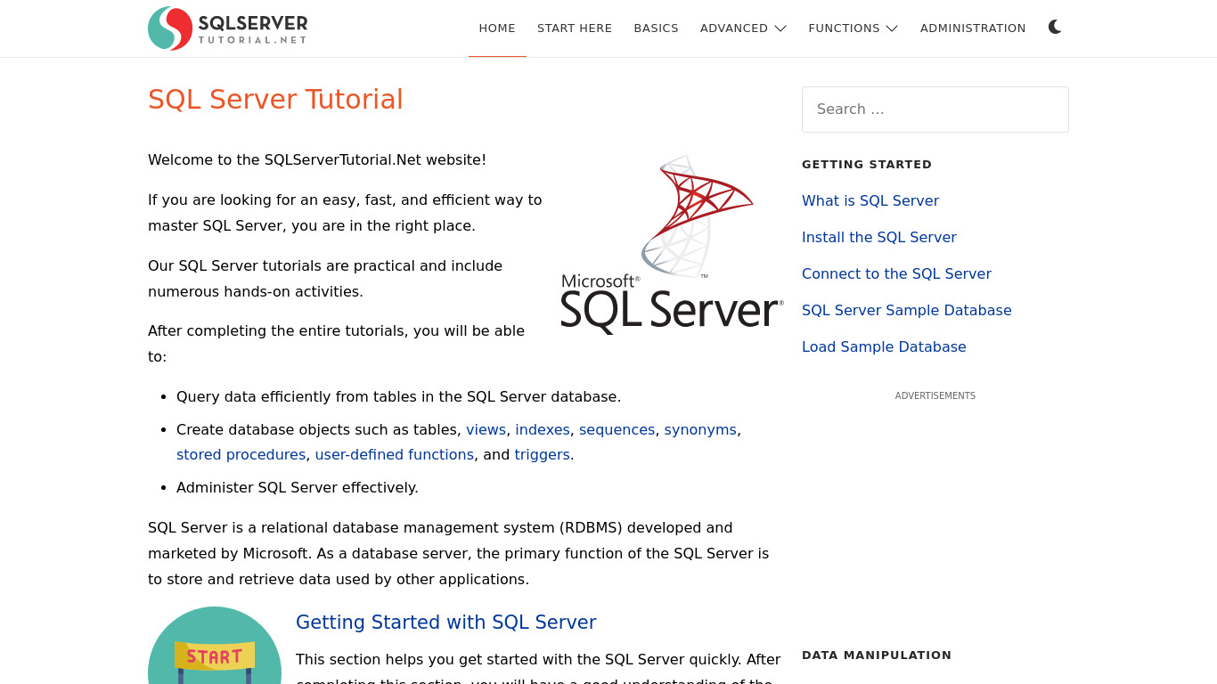 SQL Server Tutorial Landing page