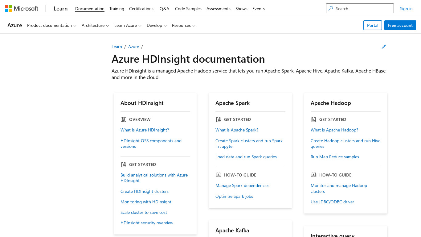 Azure HDInsight Landing page