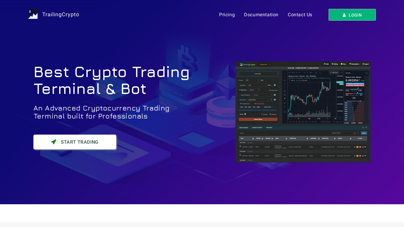 TrailingCrypto Crypto Trading Bot Landing page